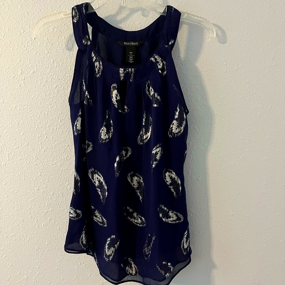 S White House Black Market, navy halter, sheer silk tank top